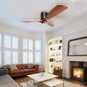 52 Inch Low Profile Ceiling Fan DC 3 Carved Wood Fan Blade Noiseless Reversible Motor Remote Control Without Light_voghion.com
