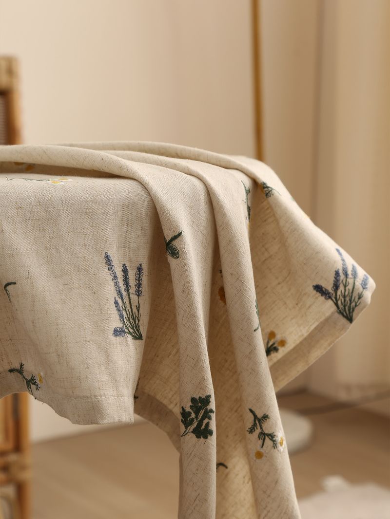 Linen Tablecloth With Lavender Embroidery – 60x60cm & 90x90cm, Natural Fabric, Heat-Resistant, Stylish Home Decor For Dining Table Or Coffee Table_voghion.com