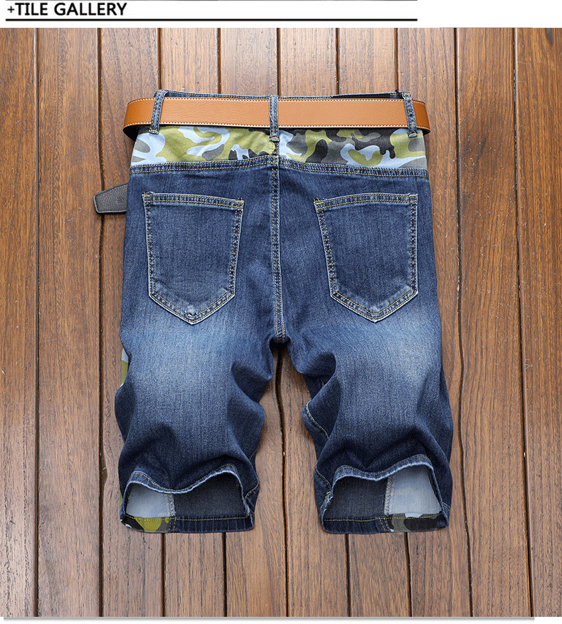 Man's clothing Fashionable summer jeans men's five short trousers embroidered blue stretch slim straight mid-length trousers_voghion.com