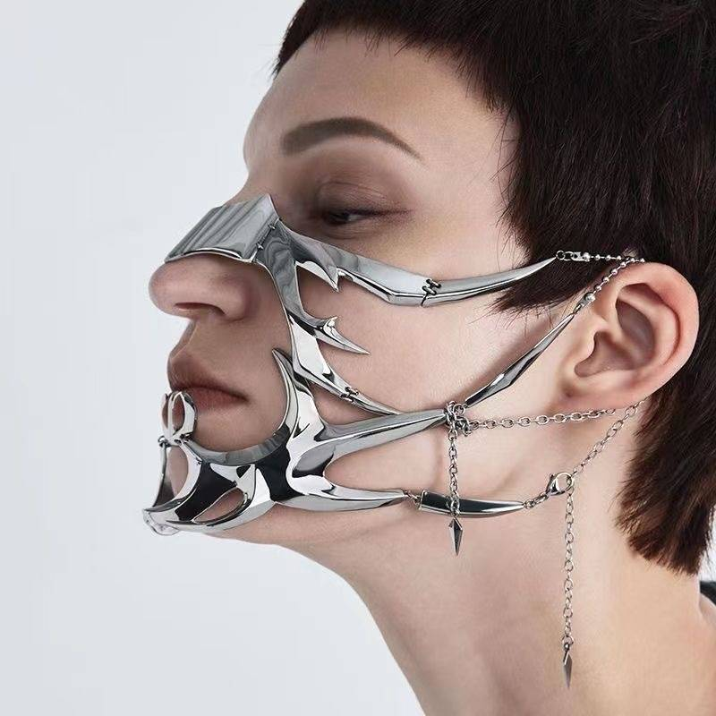 Maschera in metallo Cyberpunk dal design di nicchia a forma di fluido meccanico per l'orecchio, l'anello per le labbra, il rivestimento del viso regolabile per uomini e donne_voghion.com