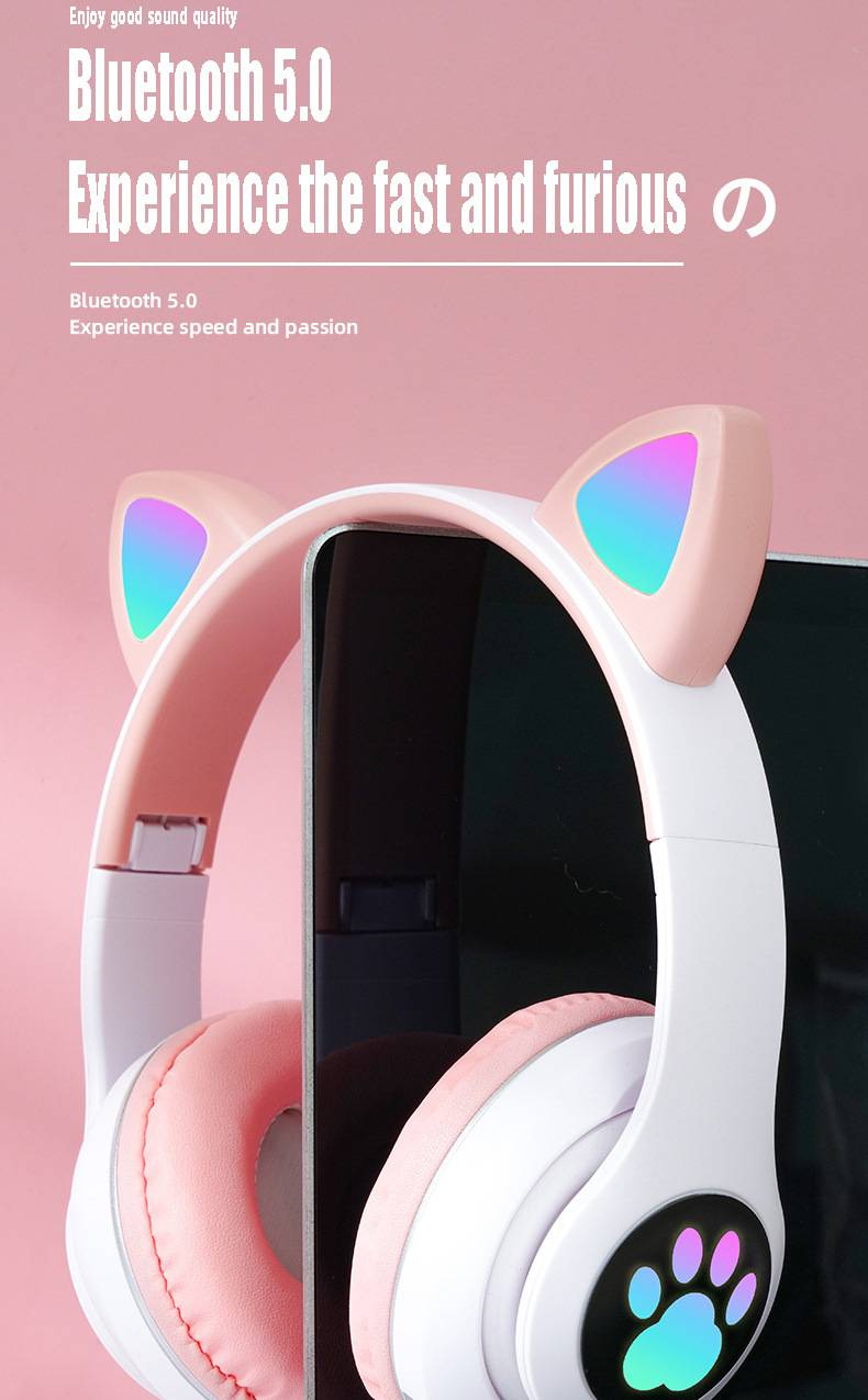 Casque Bluetooth sans fil à oreilles de chat avec design pliable et boutons multifonctions colorés_voghion.com