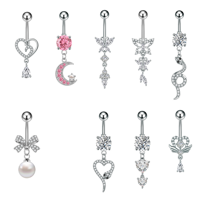 Piercing per ombelico in acciaio inossidabile con zircone rosa a forma di cuore, a forma di serpente, da donna_voghion.com