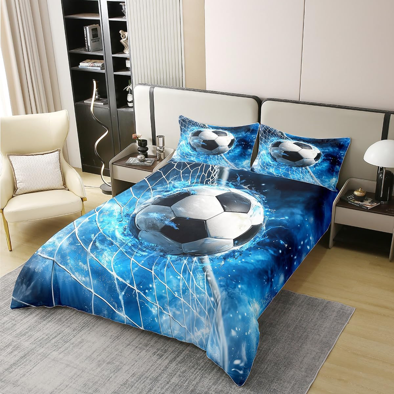 Duvet Cover Double Football Field Bedding Set For Kids Boys Men Goal Water Ice Cool Black Blue White Comforter Cover Soft Comfy Bedclothes _voghion.com