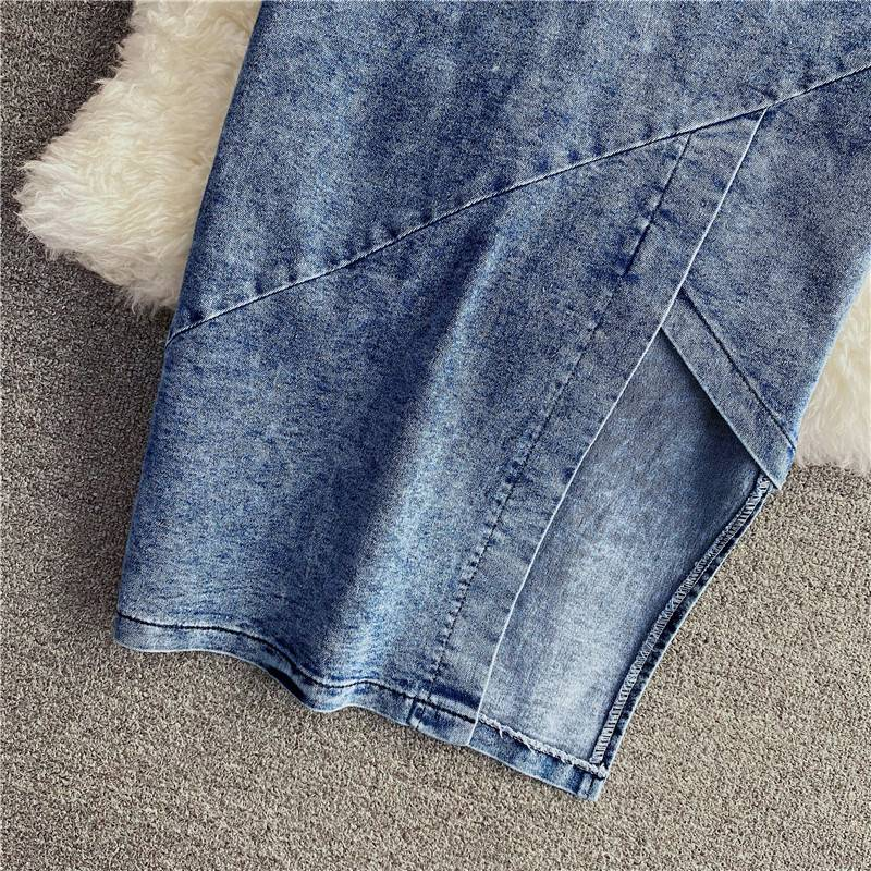 Roupas femininas novas Slim Fit zíper curto Denim camisola duas peças terno irregular fenda quadril saia_voghion.com
