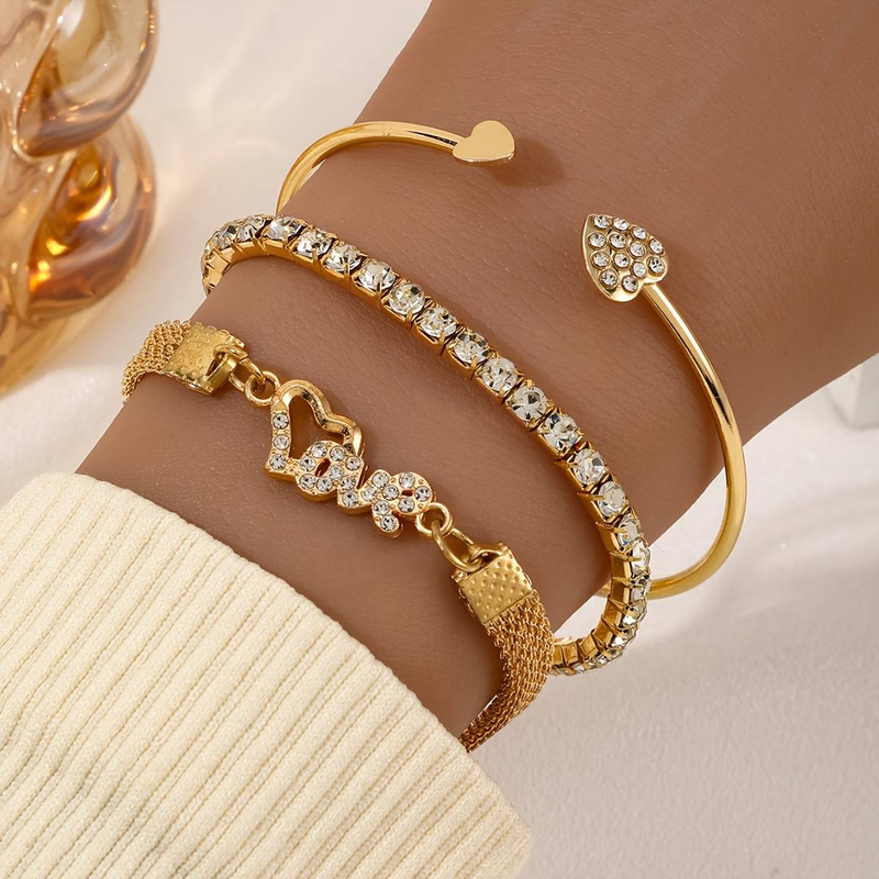 Diamond-in Love LOVE Bracelet Set, Creative Retro Simple Alloy Single-layer Trendy Handkerchief | Very Suitable For Daily Life, Parties, Gifts_voghion.com