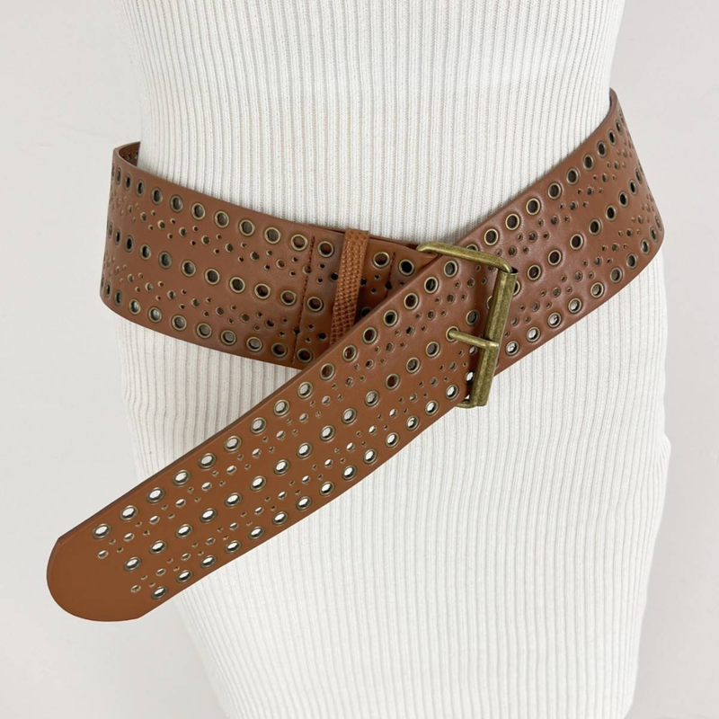Trendy Wide Punk Belt With Eyelets & Studs - Gothic Streetwear Accessory For Women & Men - Adjustable Waistband For Jeans, Skirts & Dresses_voghion.com