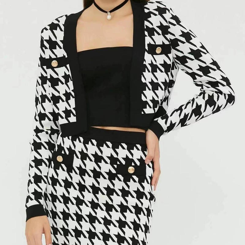 Women's Houndstooth Knit Sweater Dress Set - Short Sleeveless Cardigan & Bodycon Skirt - Stretchy Rayon Blend For Office & Casual Wear_voghion.com