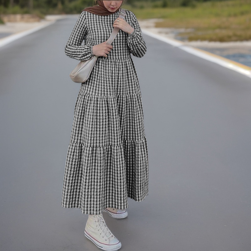Schlichtes, langärmliges, kariertes Kaftan-Kleid – elastische Bündchen, entspannte Passform, Maxilänge (Blau/Khaki/Schwarz, S-5XL, Loungewear im Dubai-Stil)_voghion.com