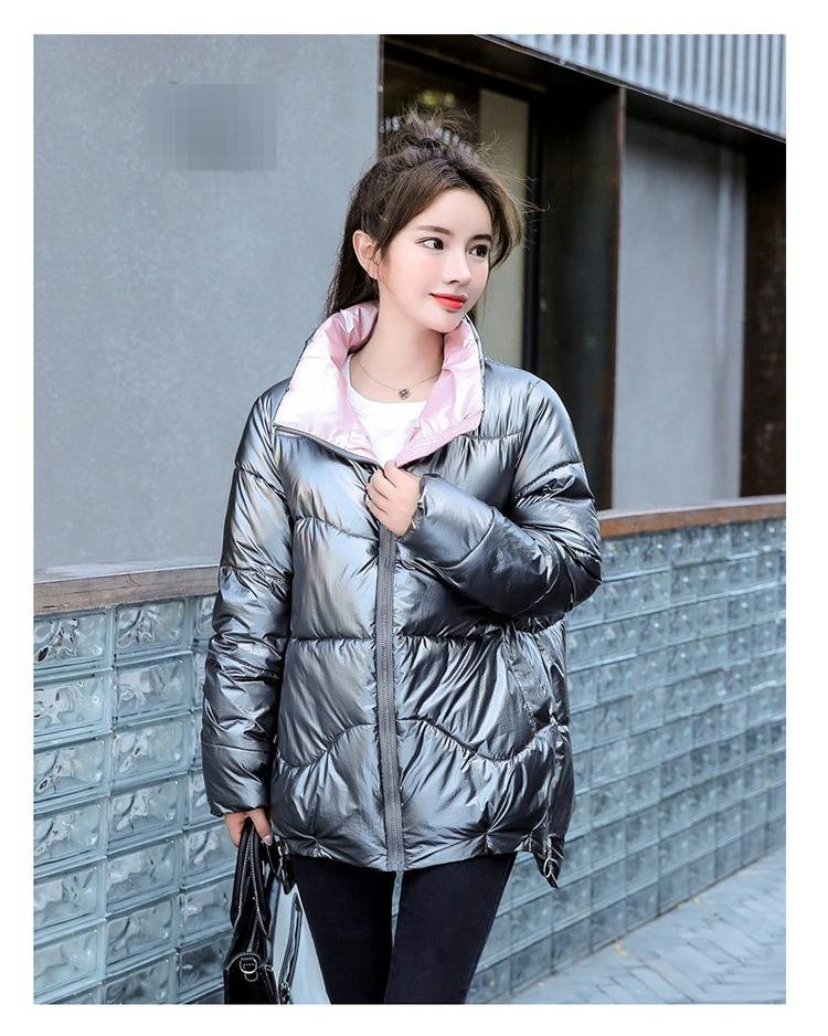 Piumino corto da donna con finitura lucida, cappotto trapuntato leggero, capospalla invernale con collo alto, vestibilità comoda e casual._voghion.com