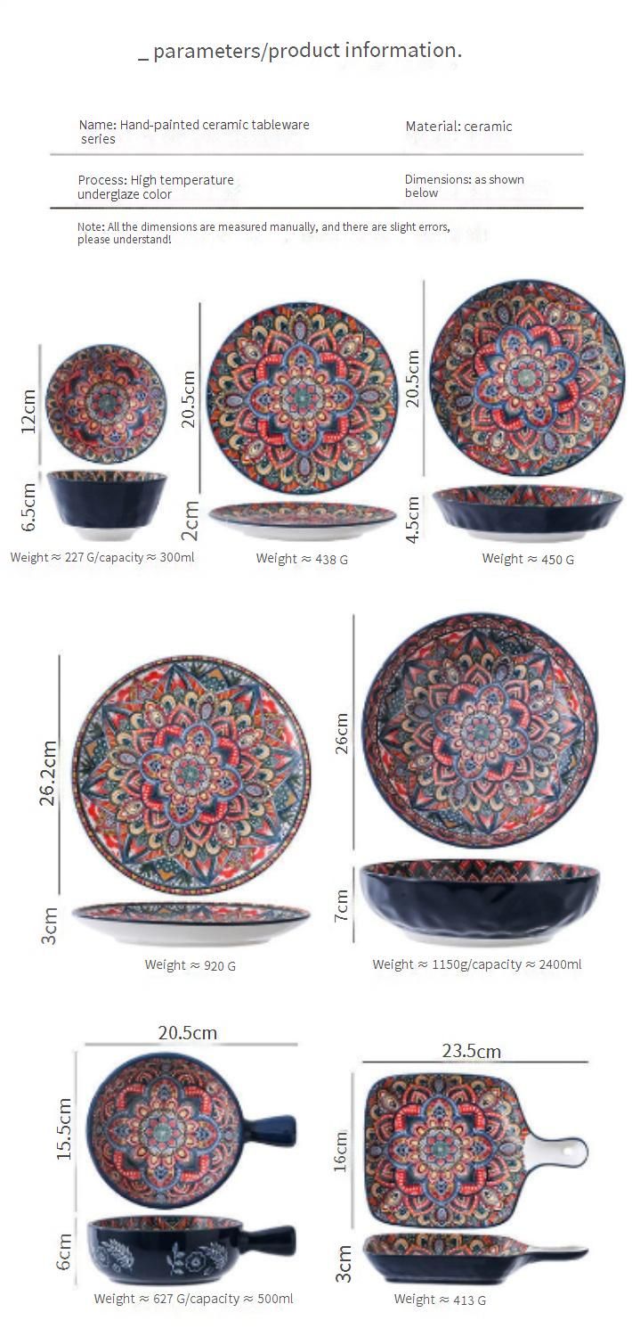 Bohemian Ceramic Dinnerware Set - Hand-Painted Stone Pattern Bowls & Plates, Vintage Blue Wave Design For Home Dining,_voghion.com
