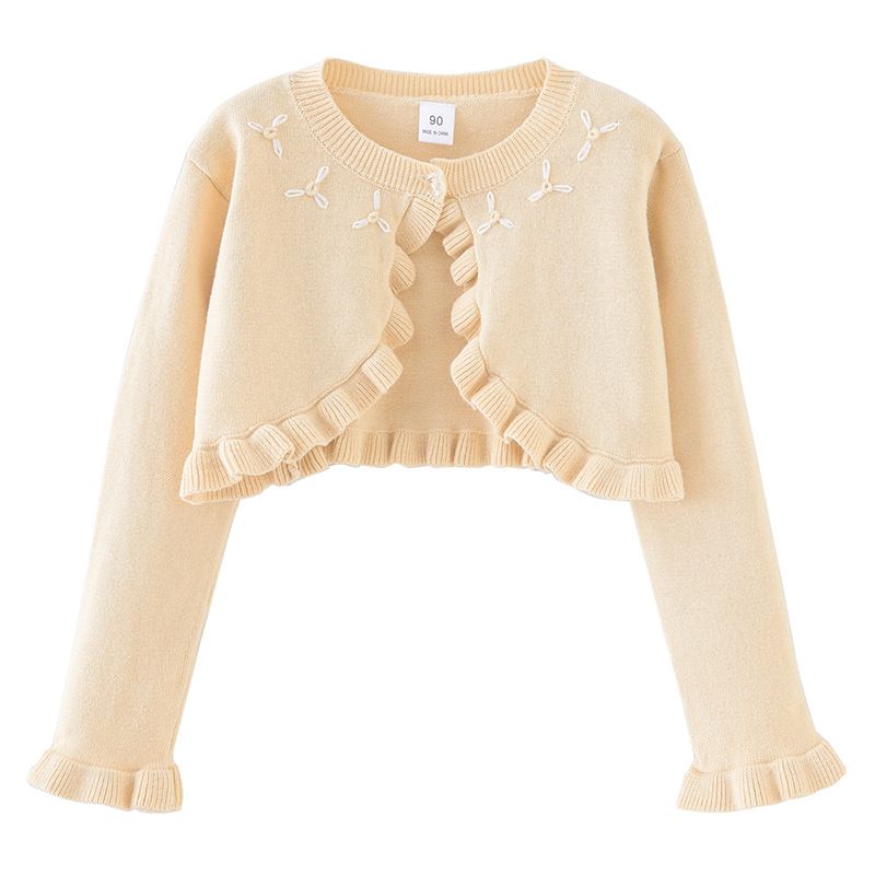 Handgehäkelte Strickjacke mit Blumenmuster für Babys und Kinder, weicher Strickpullover mit Rundhalsausschnitt, eleganter Prinzessinnen-Stil, Rot/Grau/Apricot – 90 cm bis 140 cm_voghion.com