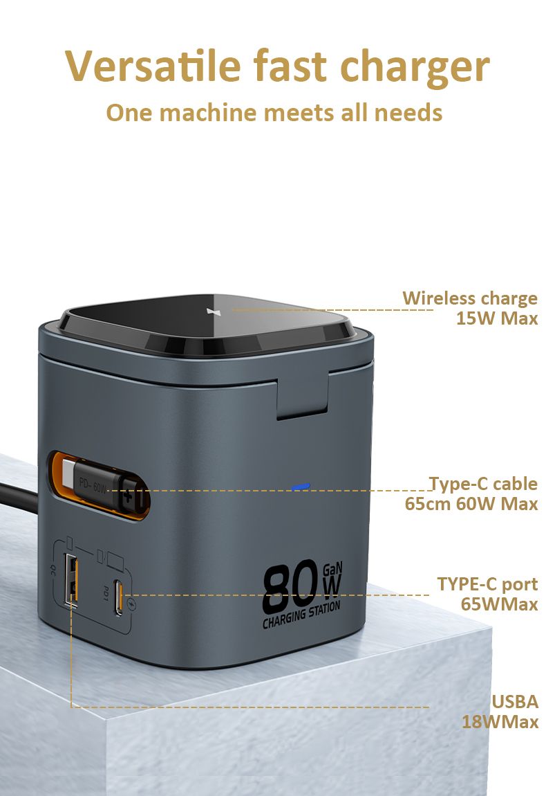 80W 6-in-1 Gan Station draadloze adapter met Type C PD 60W intrekbare oplaadkabel, snelle oplader voor iPhone-laptops_voghion.com