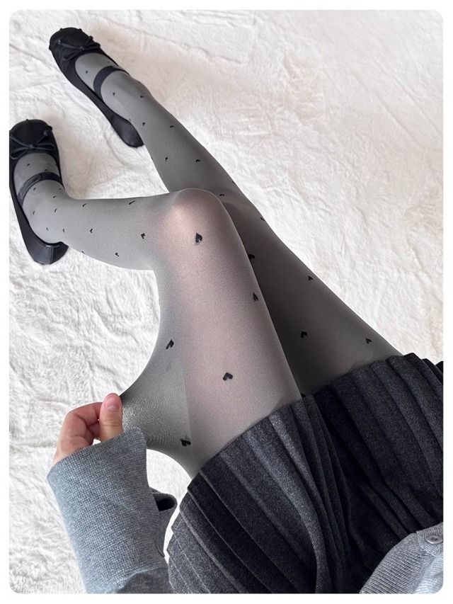 Women's Socks Velvet Tights With Embossed Patterns – Grey Heart/Dot Lace Leggings (One Size, 120D)_voghion.com