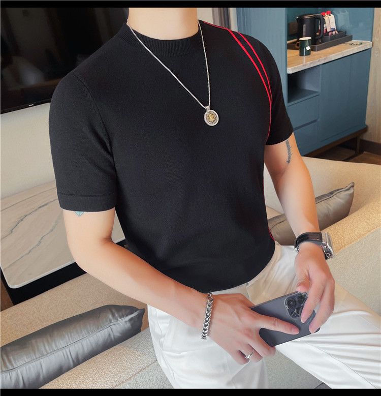 Summer New Products Men's Thick Short Sleeve T-Shirt Threaded Neckline Short Sleeve Knitted Sweater Slim Fit Elastic Bottom Sweater Undershirt_voghion.com