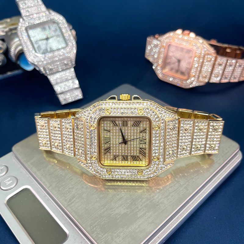 Ceasuri Pentru Bărbați Ceas cu quartz Ceas de bărbați cu stea cu stea de lux, mare, pătrat, cu împrejmuire cu diamante_voghion.com