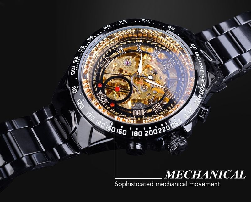 Men's Premium Gold-Toned Skeleton Automatic Mechanical Watch With Stainless Steel Band - 44mm Round Dial, Mineral Glass, Fold-Over Clasp Mechanical_voghion.com
