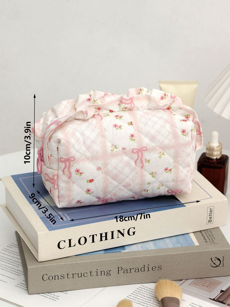 Bow Cherry Kosmetiktasche aus Stoff, große Kapazität, gesteppt, Aufbewahrungstasche für Hautpflegeprodukte, tragbare Reisetasche_voghion.com