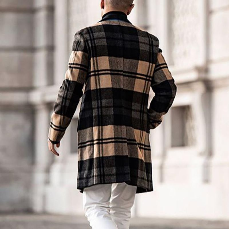 Men's Clothing Woolen Plaid Coat Mid Length Woolen Coat Wool Blend Plaid Overcoat - Slim Fit Long Coat With Multiple Pockets For Autumn & Winter_voghion.com