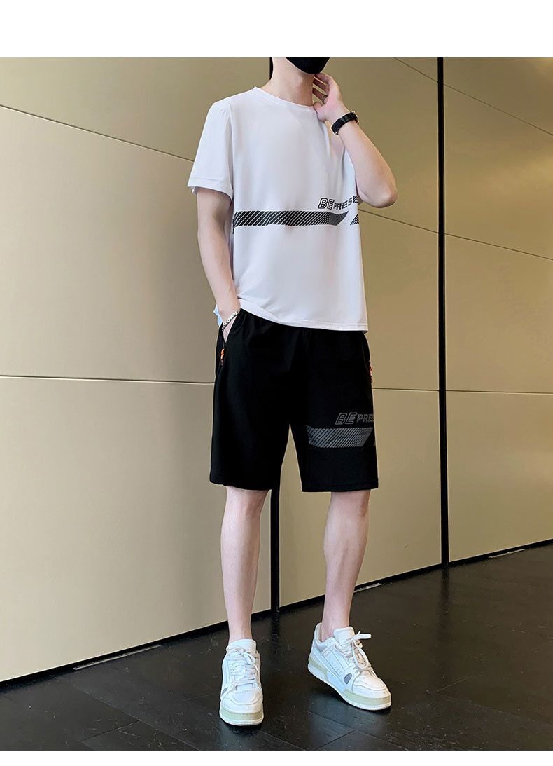 Vêtements pour hommes, combinaison de sport en soie glacée, pantalon d'été ample et respirant à manches courtes, décontracté, fin, séchage rapide, pour course à pied, trois pièces_voghion.com