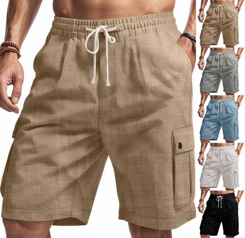 Pantaloncini da uomo in lino, pantaloncini cargo tinta unita con elastico in vita, tasche per viaggi e tempo libero, pantaloncini da spiaggia a gamba larga per l'estate_voghion.com