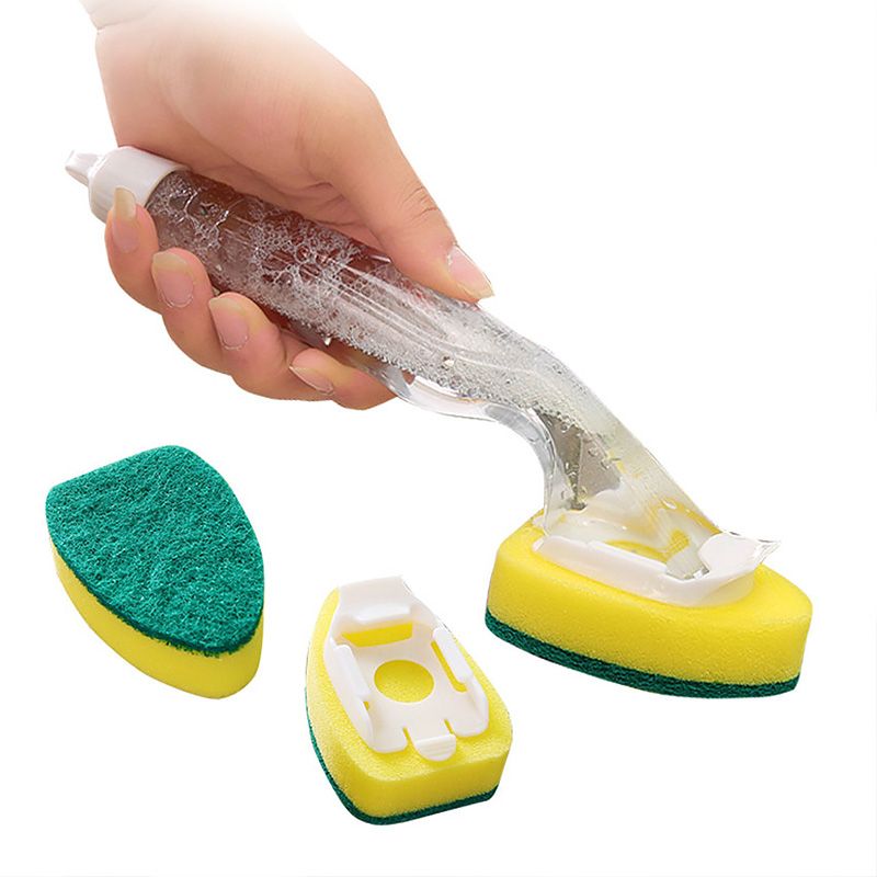 Spazzola di pulizia sostituibile con manico per liquido di ricarica, spugna abrasiva, erogatore di spazzole per piatti, strumento per il lavaggio domestico_voghion.com