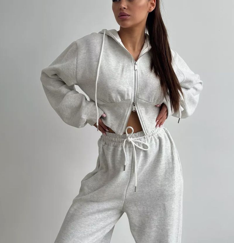Completo da donna con felpa con zip e pantaloni a gamba larga - Completo coordinato in morbido cotone, da salotto a strada, traspirante, a maniche lunghe, due pezzi, casual_voghion.com