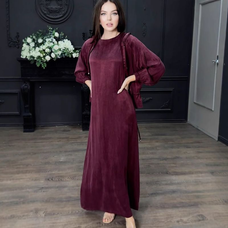 Women's Elegant Sleeveless Dress With Lantern Sleeve Belted Coat 2-Piece Set - Flowy Long Dress & Stylish Outerwear For Fall_voghion.com