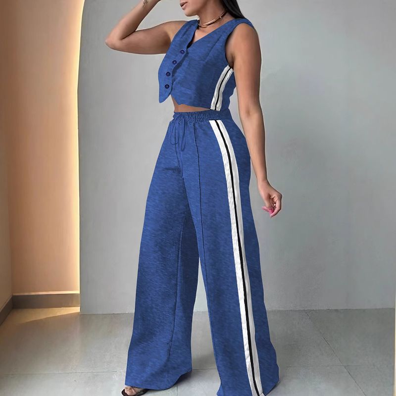Ensemble deux pièces long et décontracté pour femme, couleur unie, sans manches, avec poches_voghion.com