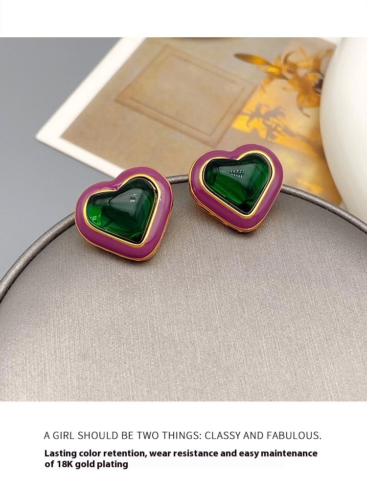 Stereoscopic Love Emerald Glass Enamel Earrings Fashion Design High Grade Ear Accessories_voghion.com