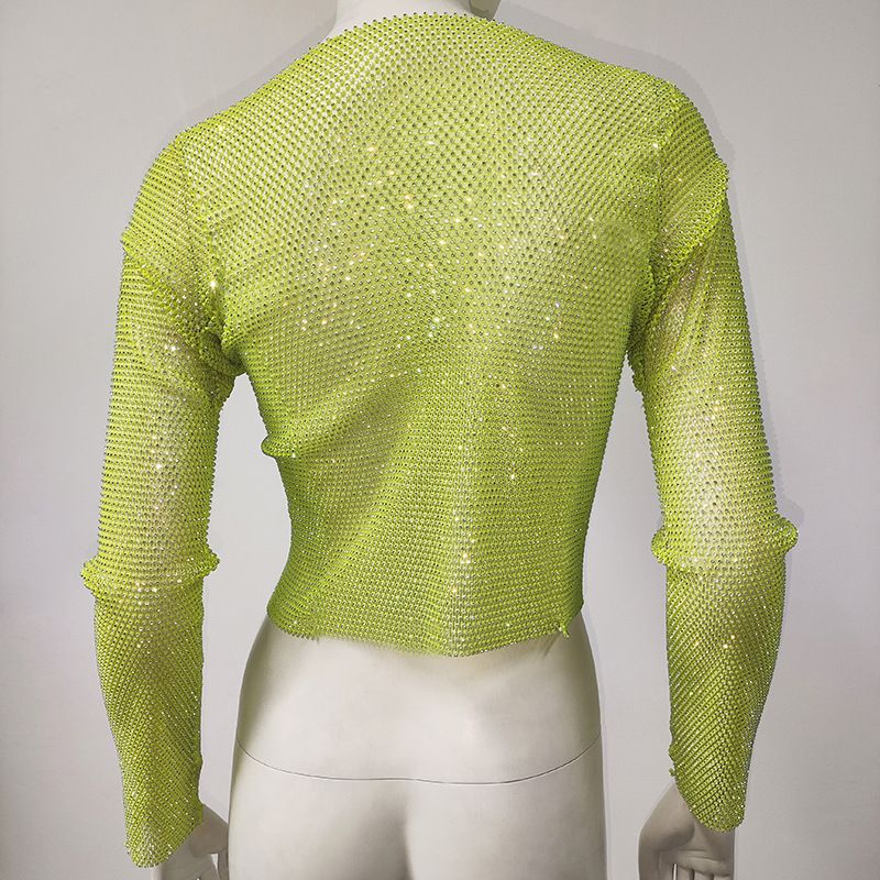 Maglietta da pesca con strass, a maniche lunghe, girocollo, leggera e di lusso, da donna, con look scintillante, alla moda e di tendenza._voghion.com