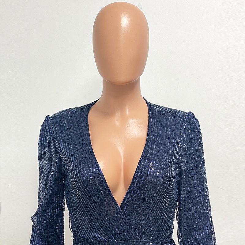 Damkläder Ins Style Deep V Mode Casual Jumpsuit Långärmat Bälte Paljett Jumpsuit Dam_voghion.com