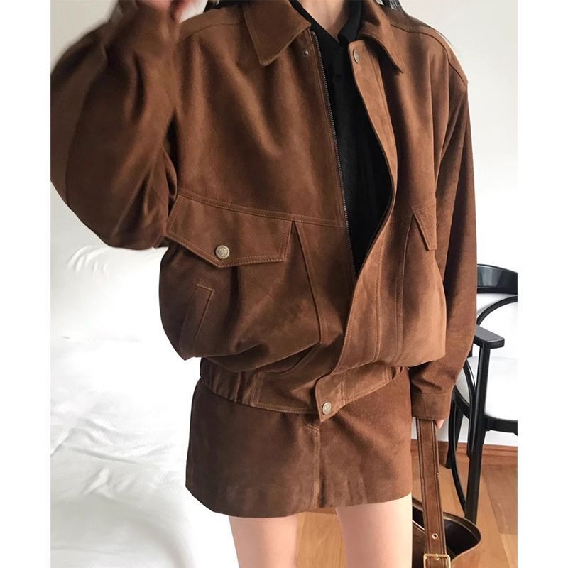 Ensemble deux pièces style coréen pour femme, veste ample + mini-jupe, fermeture éclair, manches longues, col rabattu, printemps-automne_voghion.com