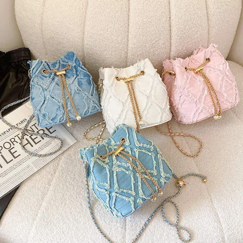 Bucket Dia Denim Pattern Women Shoulder Drawstring Jean Purse Adjustable Strap Hot Travel Bag_voghion.com