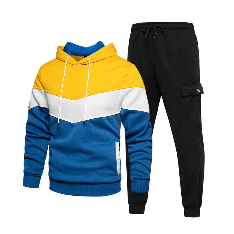 Conjunto deportivo informal de dos piezas con capucha y contraste de color para hombre_voghion.com