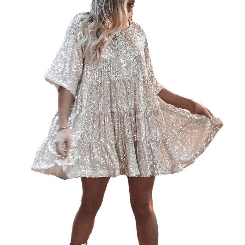2025 neue Mode Pailletten Rundhals Lose Taille Kurzarm Kleid Party Kleid_voghion.com
