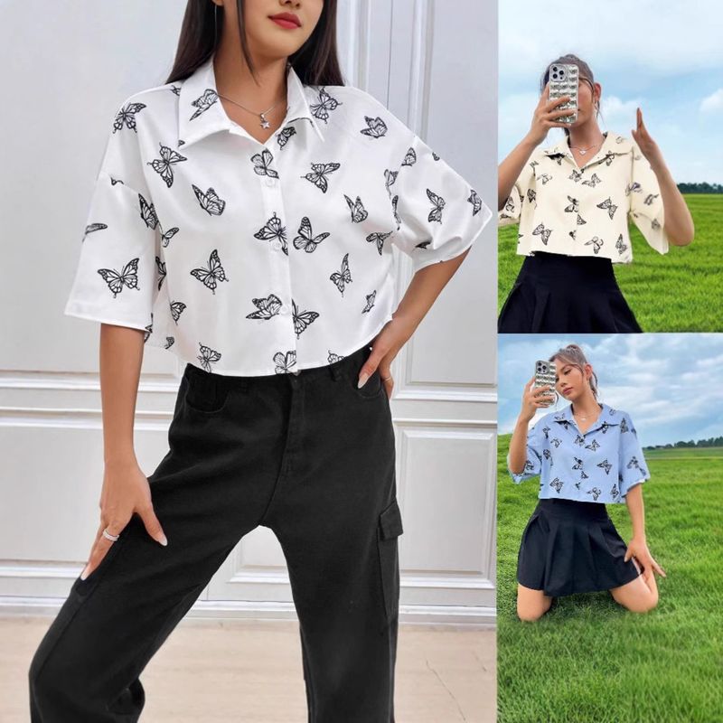 Maglietta a maniche corte con stampa a farfalla, moda estiva, abbigliamento da donna_voghion.com