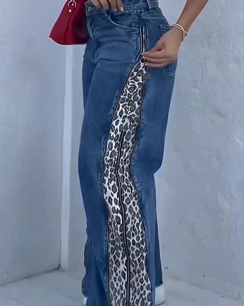 Damkläder Modedesign Jeans Sexig Hot Girl Dragkedja Slit Leopard Print Sömmar Hög midja Breda benbyxor för kvinnor_voghion.com