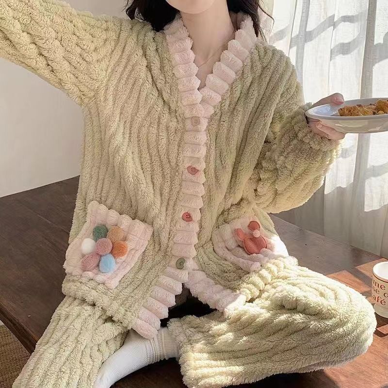 Herbst und Winter Regenbogen Nachthemd Cardigan Pyjama Set Verdicktes warmes zweiteiliges Set_voghion.com