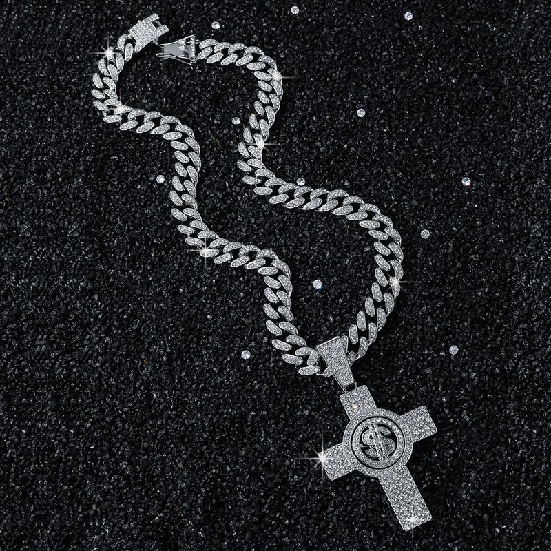 New Personalized Men's Full Diamond Chain Hip-Hop Style Rotating Dollar Cross Pendant Necklace_voghion.com