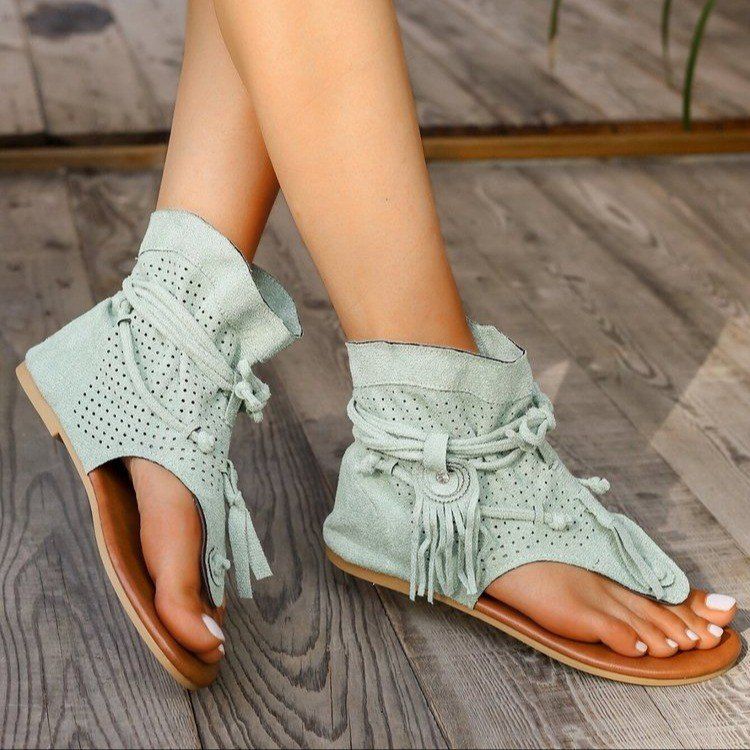Large size boots for women summer tassel flat toed hollow sandals_voghion.com