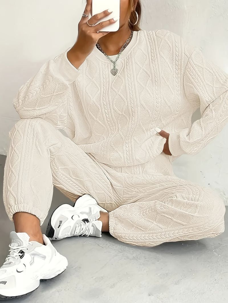 Strukturiert, um ein Gefühl entspannter Entspannung freizusetzen. Pullover-Sets, langärmlige Sportbekleidung mit Rundhalsausschnitt und Jogginghosen_voghion.com