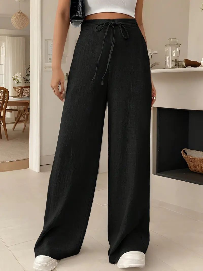 High Waist Flowy Wide Leg Pants For Women - Soft Tencel Blend With Adjustable Drawstring, Comfortable & Stylish Casual Trousers_voghion.com