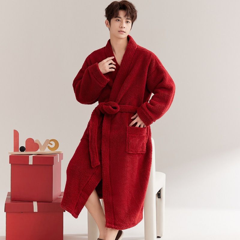 Camicia da notte in pile corallo, pigiama da uomo in pile spesso, accappatoio lungo in flanella da uomo_voghion.com