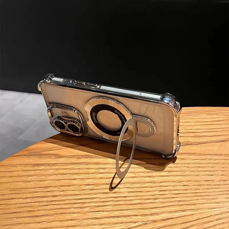 Galwanizowane etui magnetyczne z podstawką do iPhone'a 16 Pro Max/15 Pro - 4-rogowa, odporna na wstrząsy przezroczysta obudowa ze wbudowaną podstawką_voghion.com
