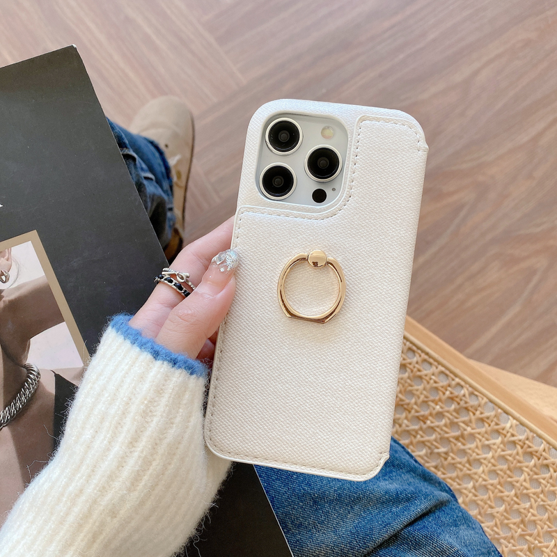 Mobile phone case Suitable for iPhone15 mobile phone case, Apple 14 denim pattern two-fold card beauty mirror ring buckle mobile phone case_voghion.com