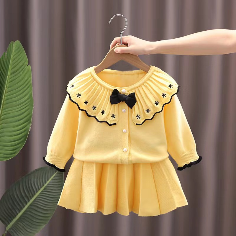 Suéter de punto de dos piezas para niña, edición coreana, otoño/invierno 2022, conjunto de media falda y cárdigan_voghion.com