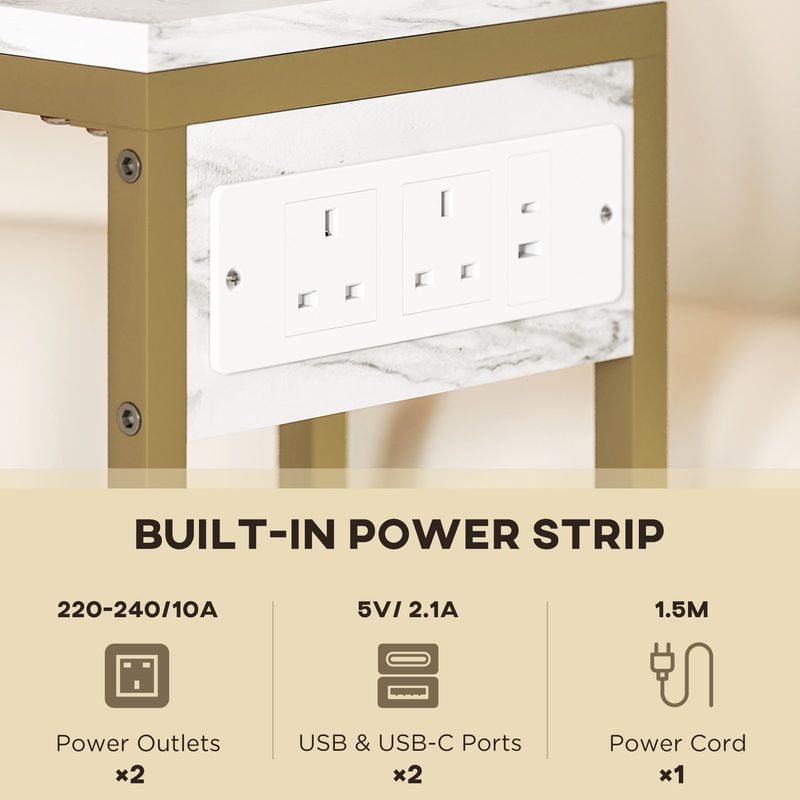 HOMCOM C Shaped Side Table, Faux Marble Bedside Table With Charging Station_voghion.com