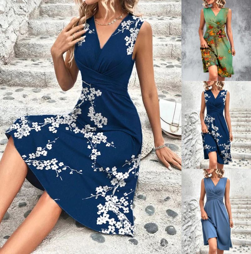 Damkläder Vår och sommar Nytt mode Positioneringstryck Kors V-hals Sexig ärmlös damklänning_voghion.com