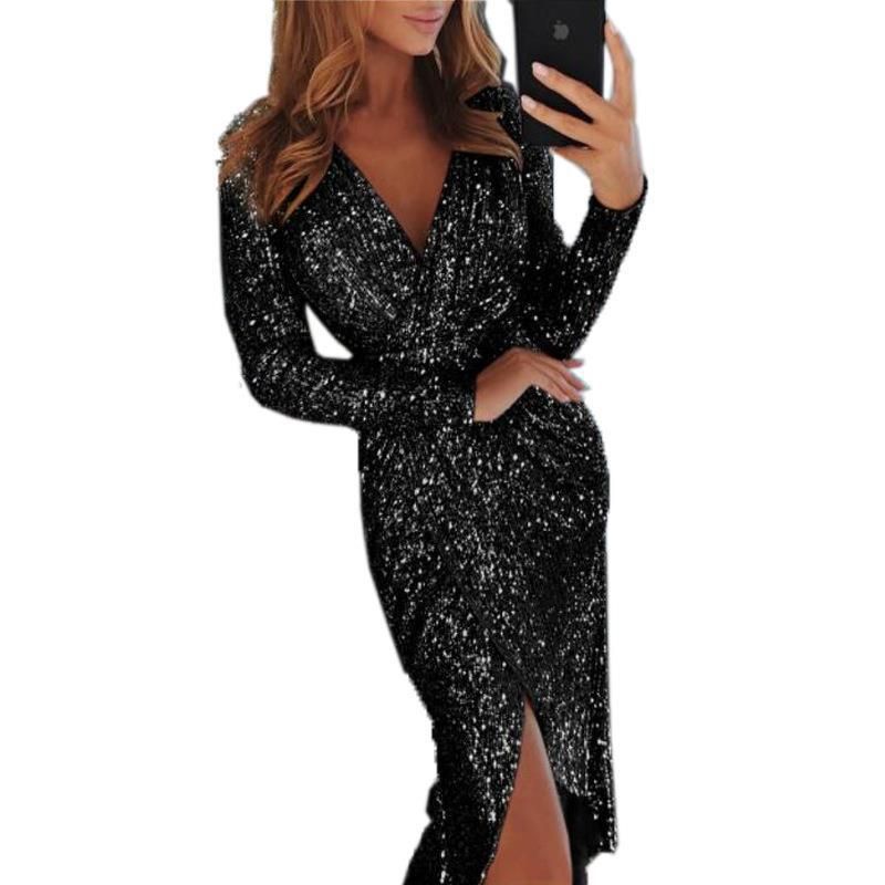 Ženska oblačila, nova vroče žigosana seksi midi krilo z dolgimi rokavi, V-izrez, formalna večerja, slim fit obleka za ženske_voghion.com