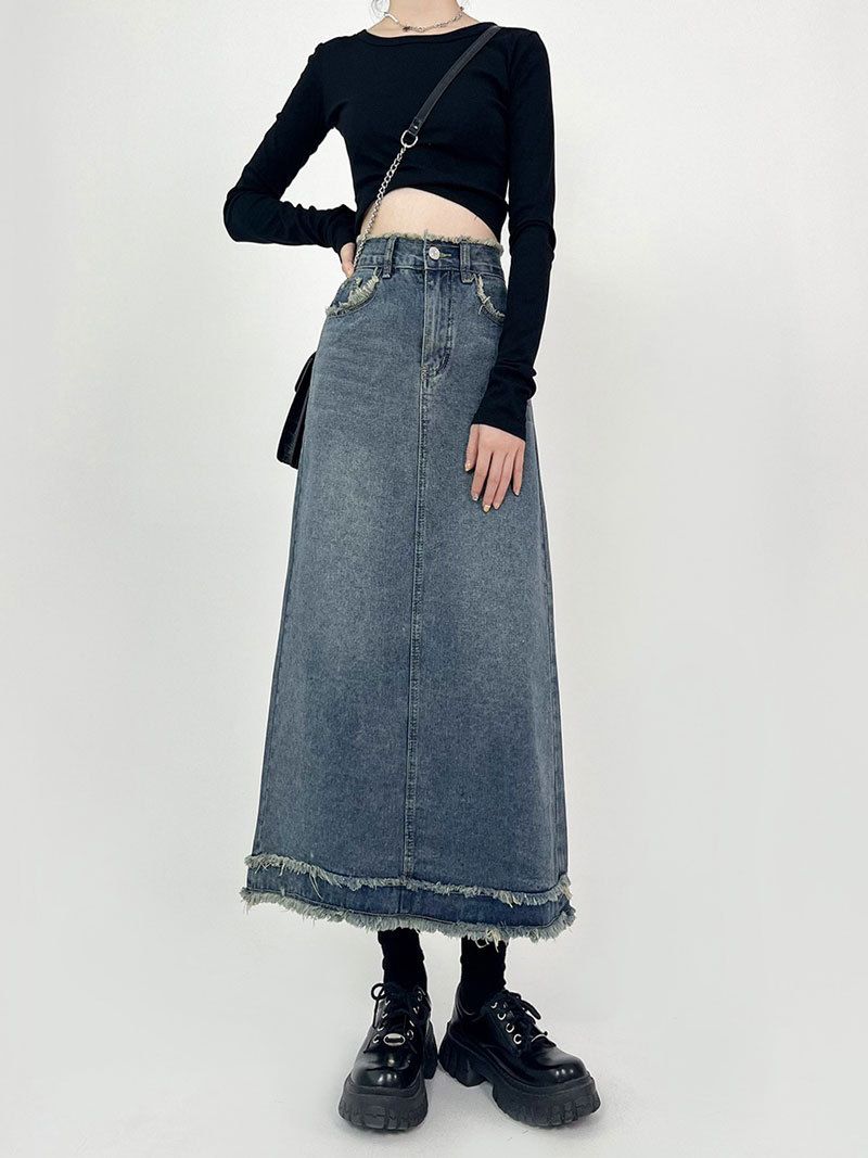 Robuuste denim voor vrouwen met een zomers Instagram-stijlgevoel, een hoge taille halfrok, A-lijn omwikkelde billen_voghion.com